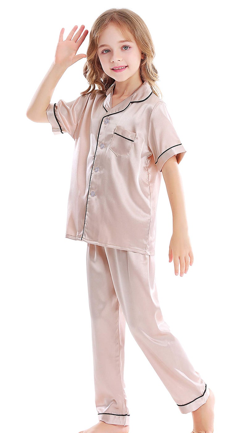 Horcute Kids Satin Short-Top and Long-Pants 2-Pieces Pajamas Sleepwears Set Champagne 160# 9-10Y - Image 3